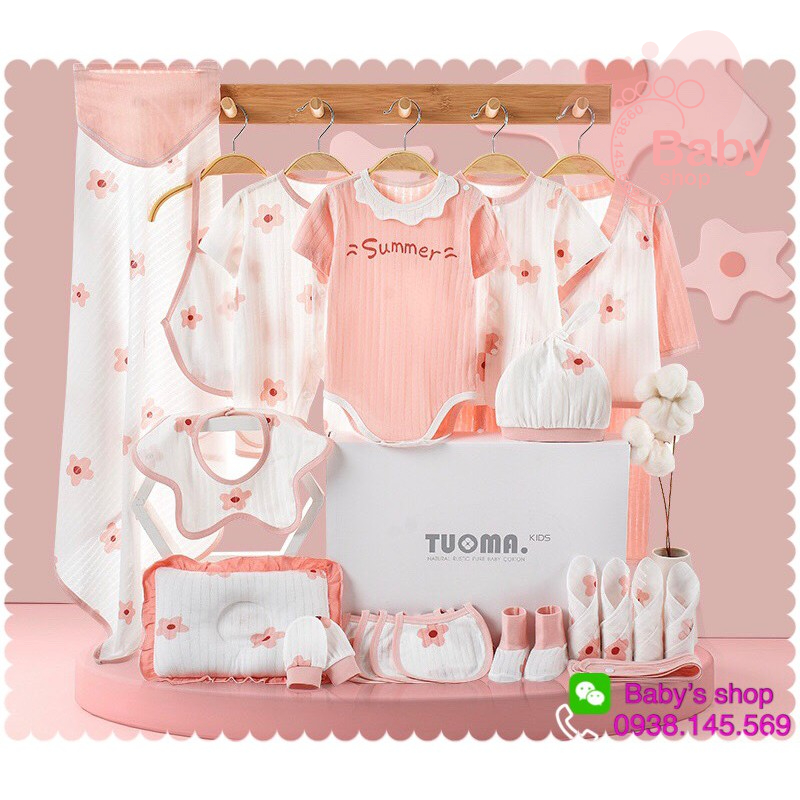 Hộp hoặc giỏ quà dễ thương dành tặng bé sơ sinh phụ kiện như hình bao gồm 12-24 chi tiết.