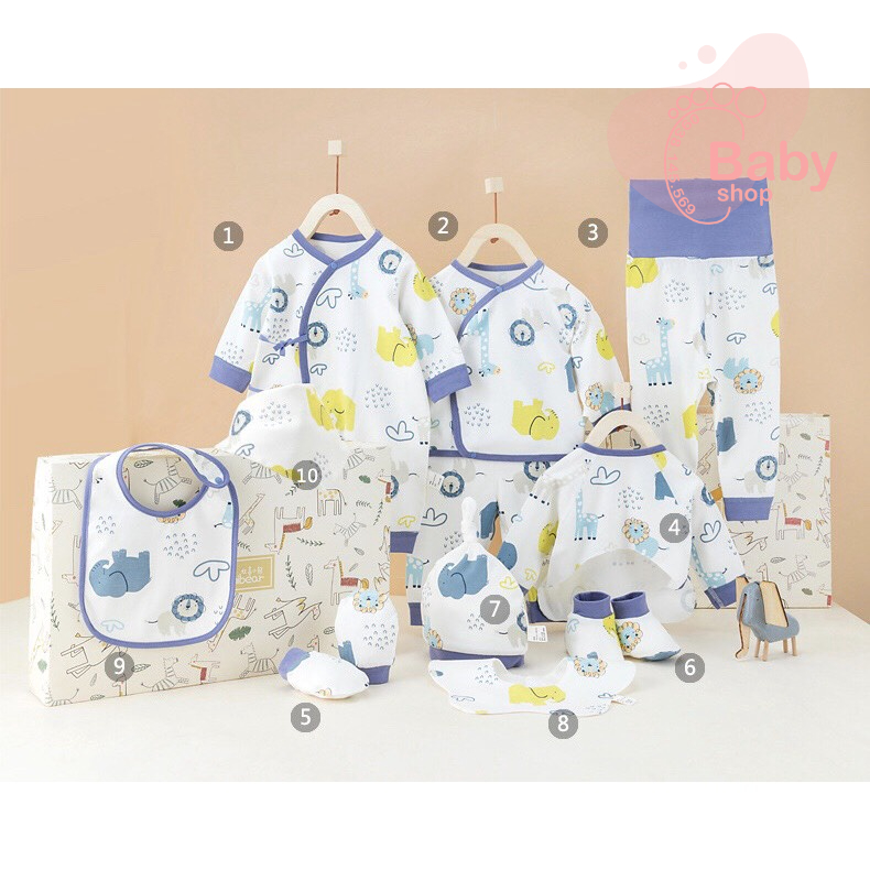 Hộp hoặc giỏ quà dễ thương dành tặng bé sơ sinh phụ kiện như hình bao gồm 12-24 chi tiết.