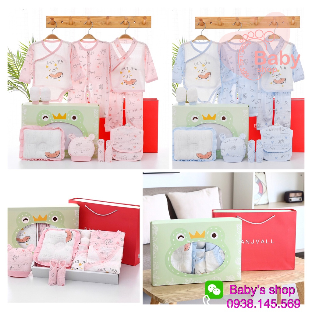 Hộp hoặc giỏ quà dễ thương dành tặng bé sơ sinh phụ kiện như hình bao gồm 12-24 chi tiết.