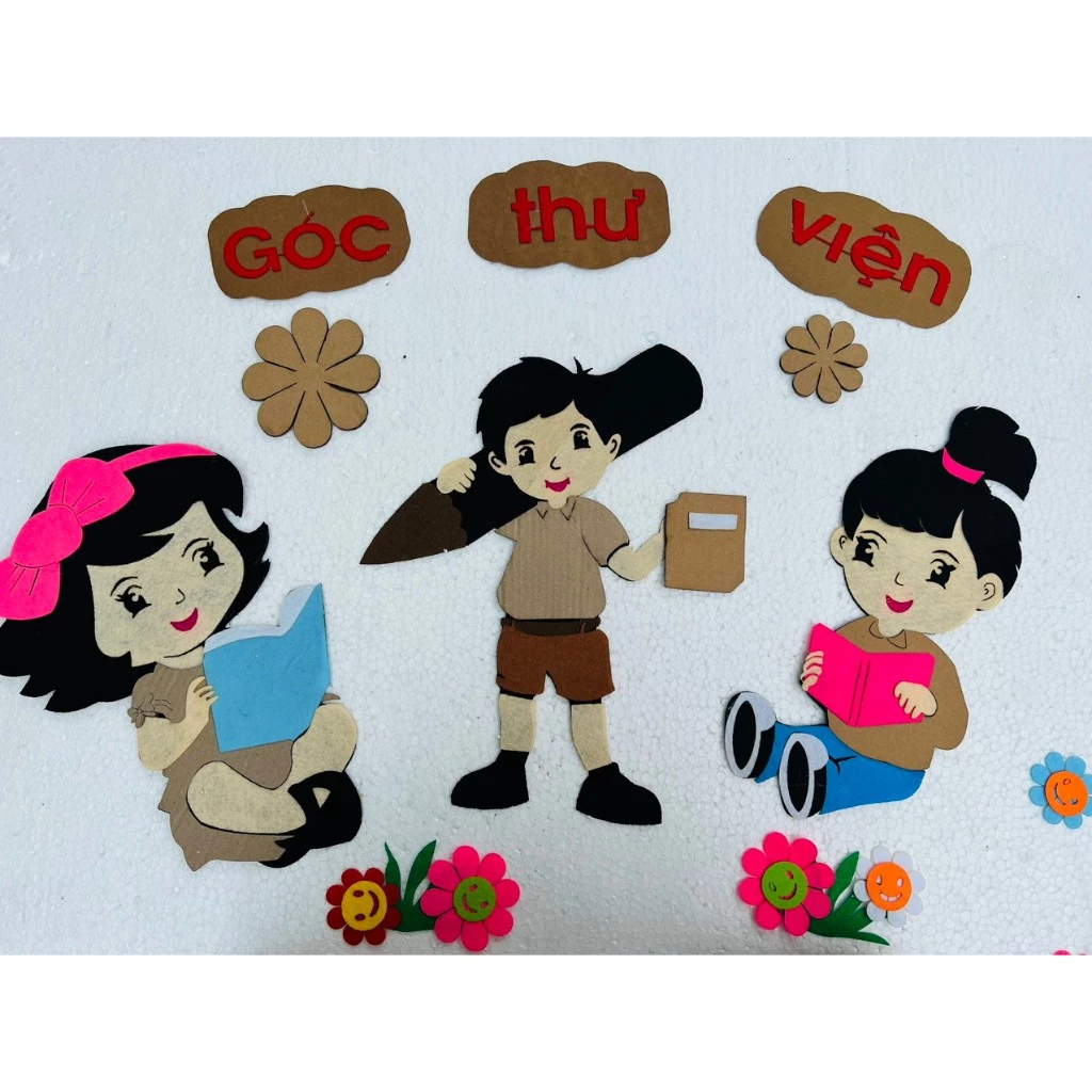 Góc thư viện chất steam pha nỉ dùng cho bé mầm non trang trí lớp