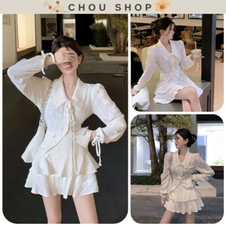 Sét Váy Đũi Gân Gồm Áo Sơ Mi Cổ Sen Dây Lưng + Chân Váy Xòe Tầng