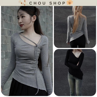 Áo Thun Dài Tay Xéo Vạt Dây Cổ Chất Bo Tăm