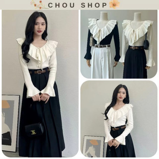 Áo dài tay bo tăm cổ nhọn bèo cổ tay xòe