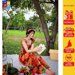 Đầm cánh tiên maxi đẹp dài freesize hoạ tiết nền cam lạ mắt