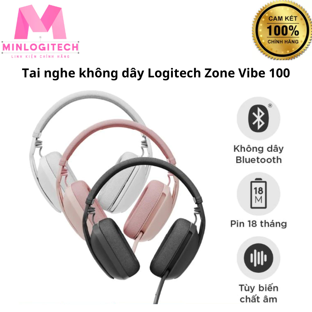 Tai nghe Logitech Zone Vibe 100 Wireless/Bluetooth Màu Hồng/Than Chì/Trắng