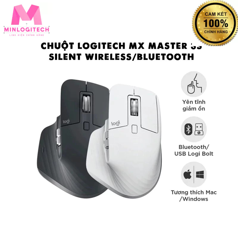Chuột Logitech MX Master 3S Silent Wireless/Bluetooth Màu Than Chì/Xám Nhạt