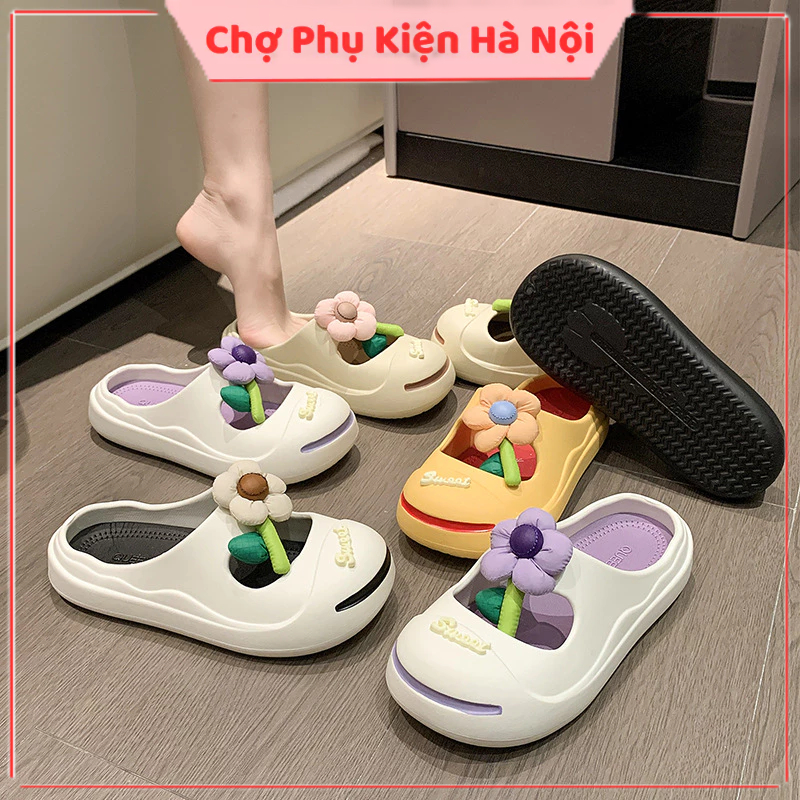 Dép sục nữ đi mưa họa tiết 3D hoa siêu mềm, dép bánh mì nhựa mềm chống trượt A163 đế cao 3,5cm