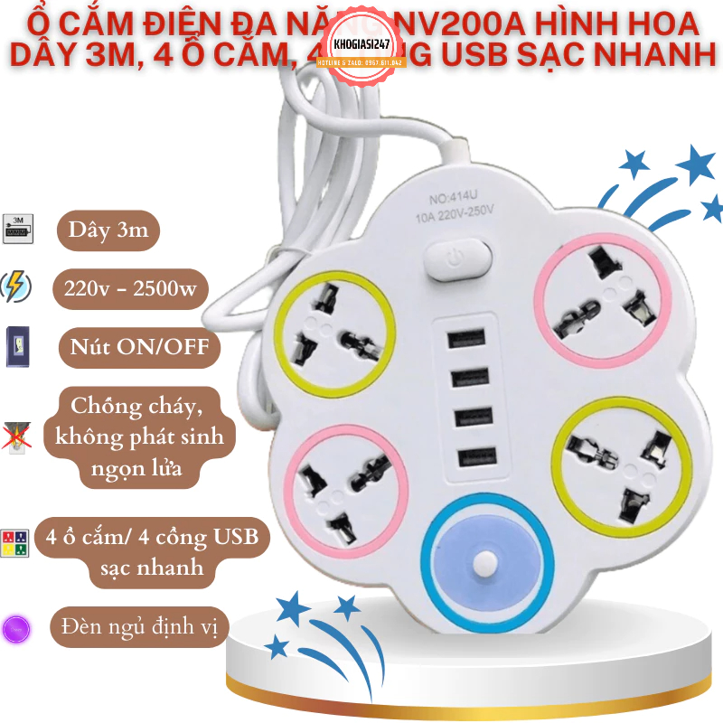 Ổ Cắm Điện NV200A Hình Hoa Dây Dài 3m, 4 Ổ Cắm, 4 Cổng USB Sạc Nhanh, Đèn Ngủ Định Vị, Chống Cháy, Công Suất 2500W