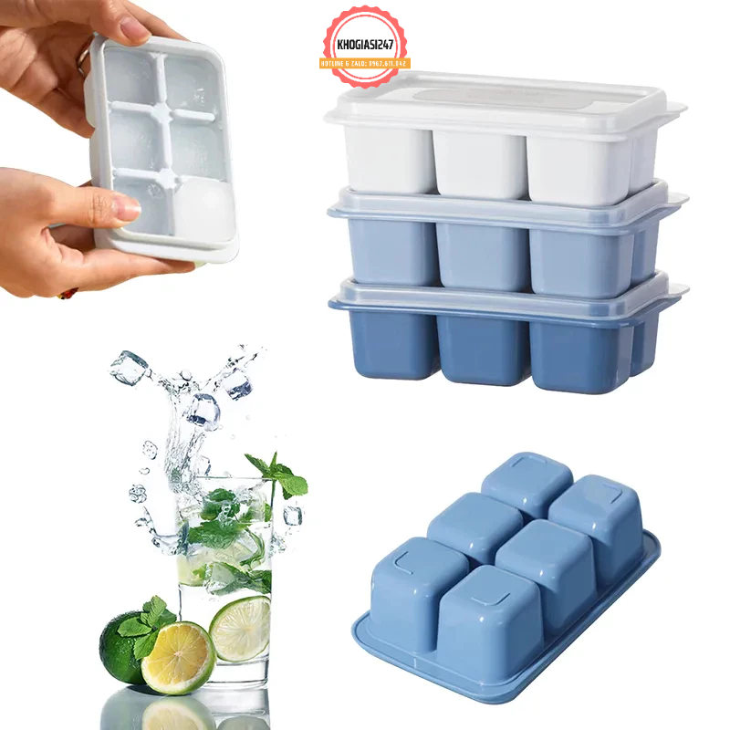 Khay Làm Đá 6 Ngăn Có Nắp, Khay Làm Đá Viên 6 Ngăn Làm Thạch, Làm Rau Câu Chất Liệu Silicon Mềm Dẻo