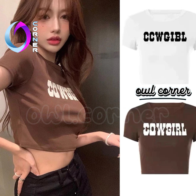 Áo Croptop Ôm Body Nữ COWGIRL Cổ Tròn Tay Ngắn, Áo Thun Chất Borip Kiểu In Họa Tiết Thời Trang Hàn Quốc OWL CORNER