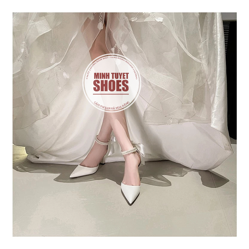 Giày búp bê cao gót nhọn 5p bít mũi bít hậu mũi nhọn quai dây chuỗi cột nơ Minhtuyetshoes
