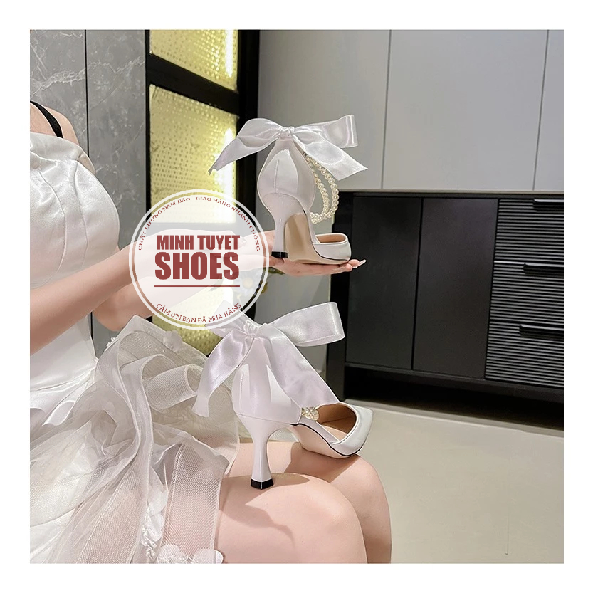 Giày búp bê cao gót nhọn 5p bít mũi bít hậu mũi nhọn quai dây chuỗi cột nơ Minhtuyetshoes