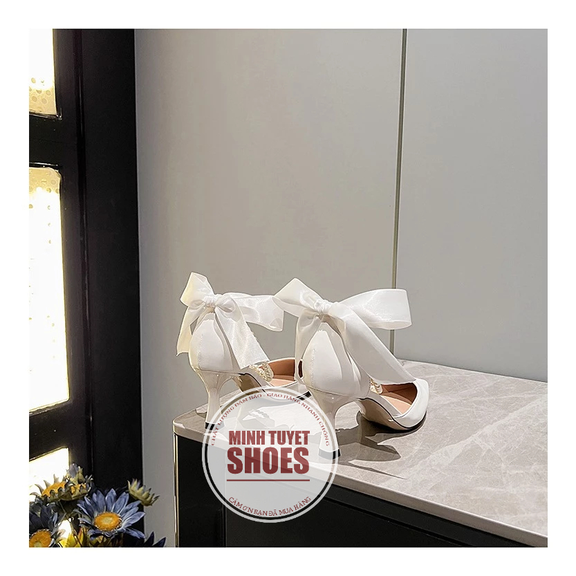Giày búp bê cao gót nhọn 5p bít mũi bít hậu mũi nhọn quai dây chuỗi cột nơ Minhtuyetshoes