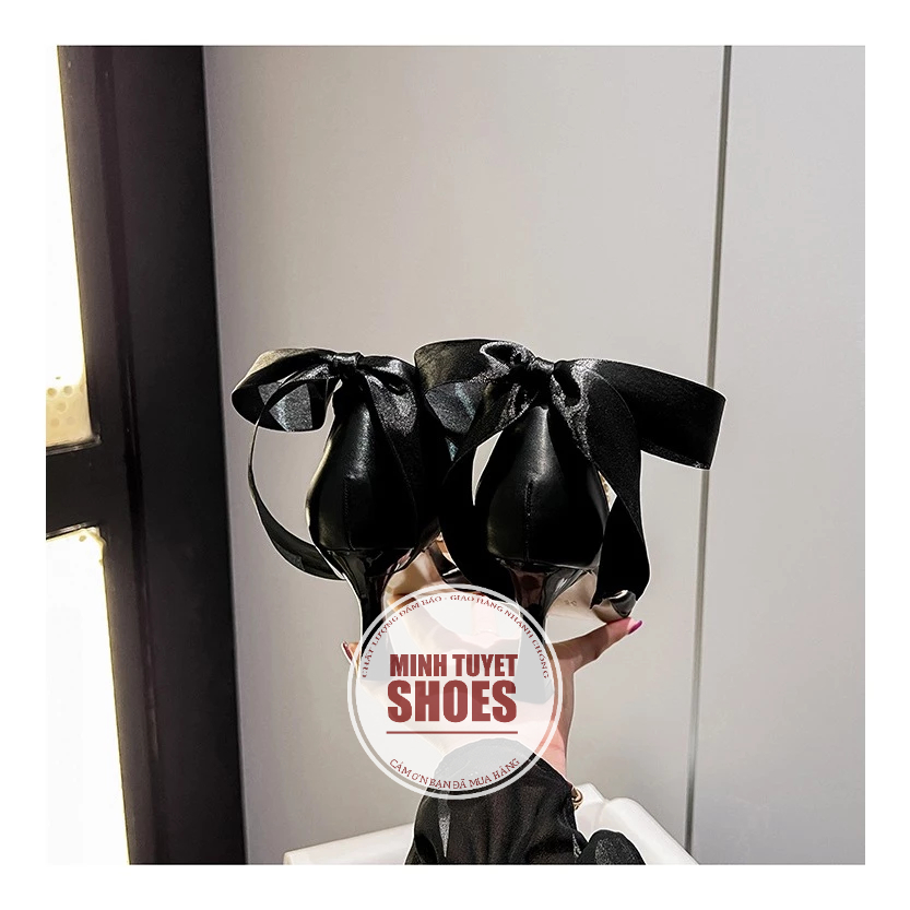 Giày búp bê cao gót nhọn 5p bít mũi bít hậu mũi nhọn quai dây chuỗi cột nơ Minhtuyetshoes