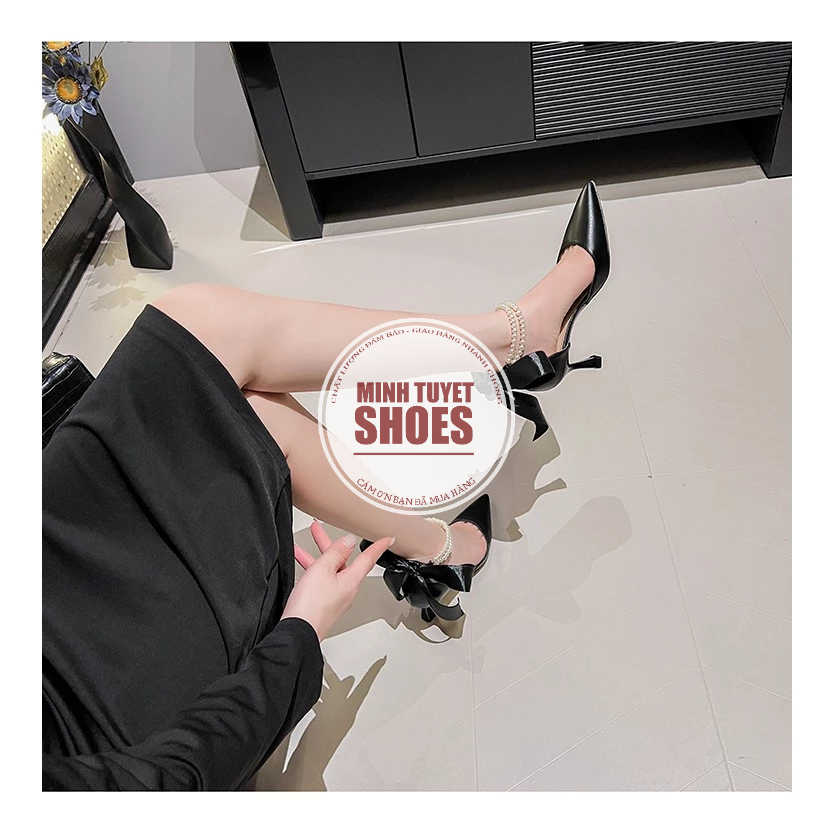 Giày búp bê cao gót nhọn 5p bít mũi bít hậu mũi nhọn quai dây chuỗi cột nơ Minhtuyetshoes