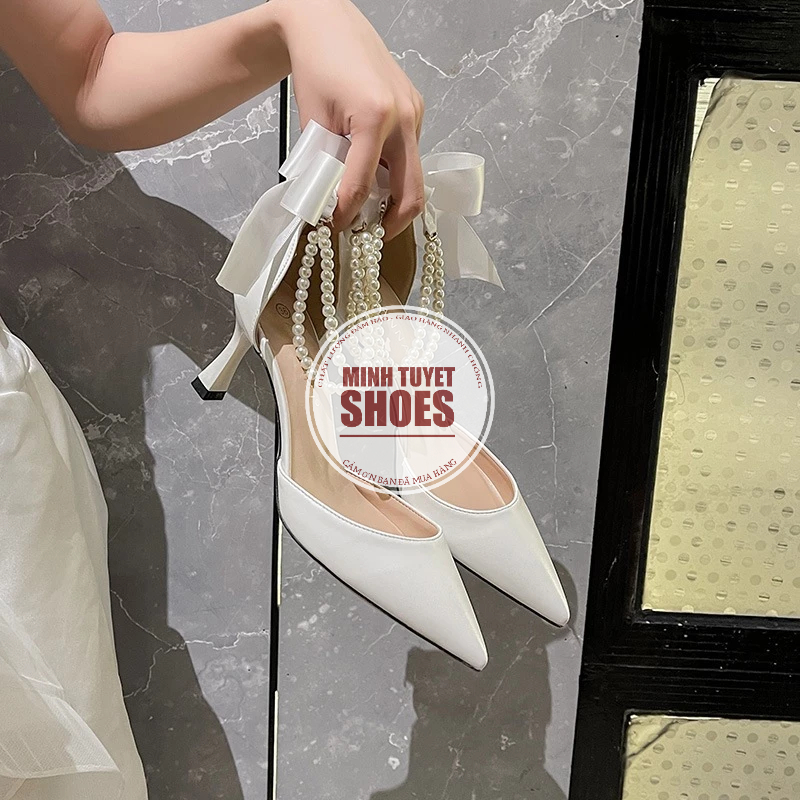 Giày búp bê cao gót nhọn 5p bít mũi bít hậu mũi nhọn quai dây chuỗi cột nơ Minhtuyetshoes