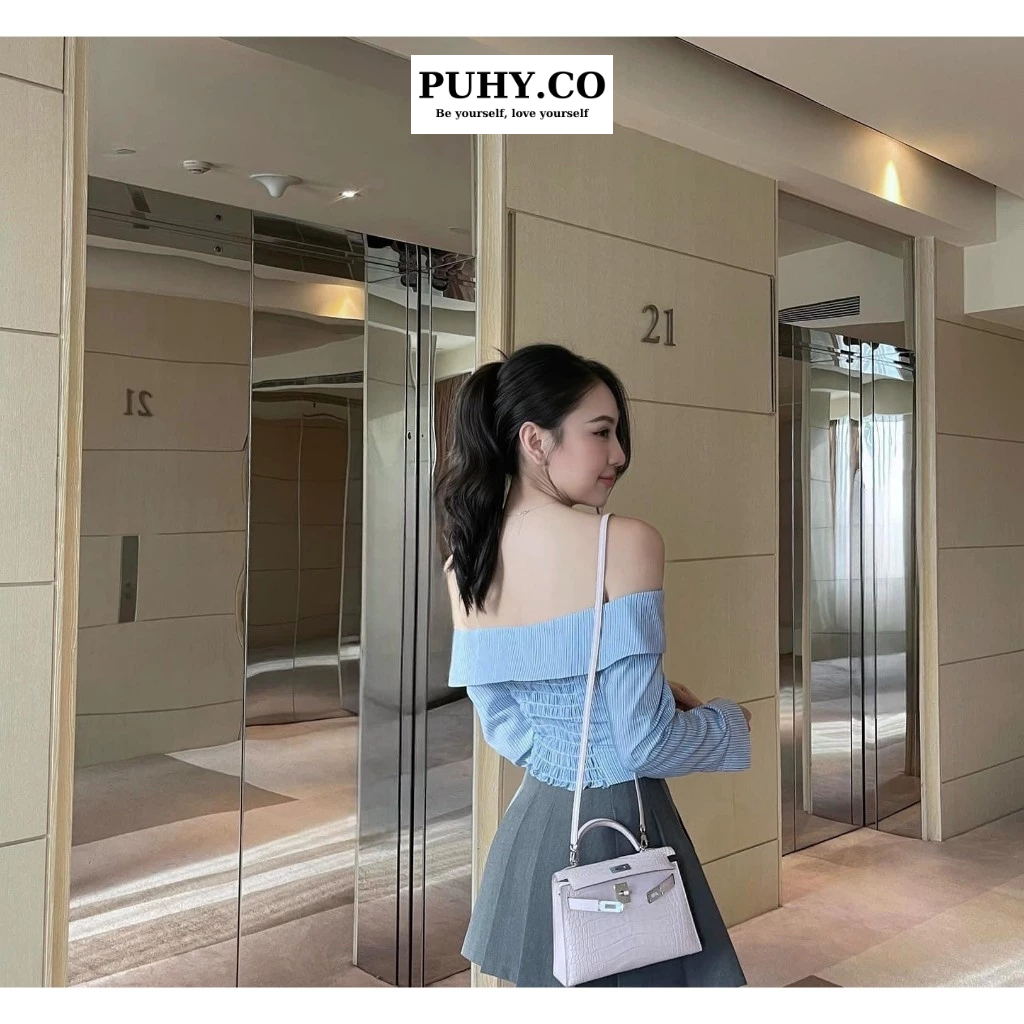 Set áo trễ vai xanh mix chân váy xếp ly - ảnh thật