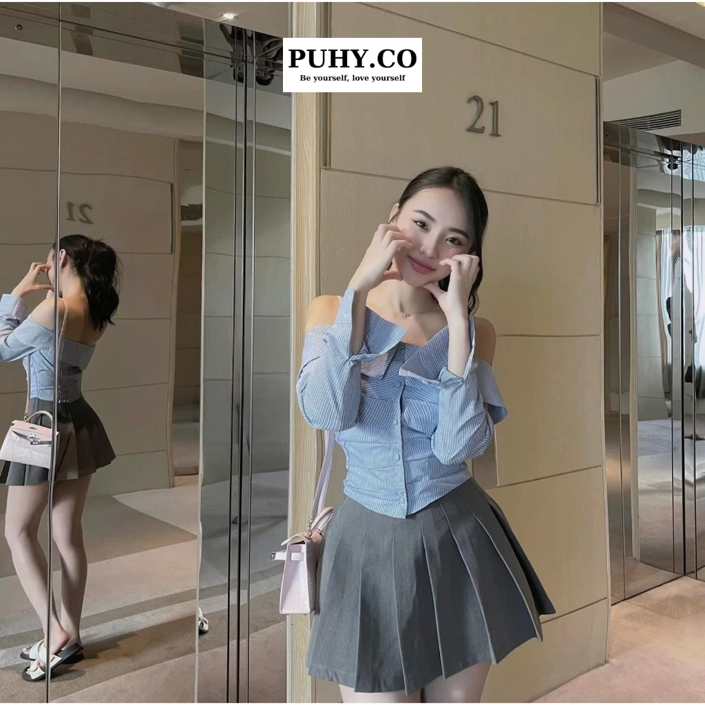 Set áo trễ vai xanh mix chân váy xếp ly - ảnh thật
