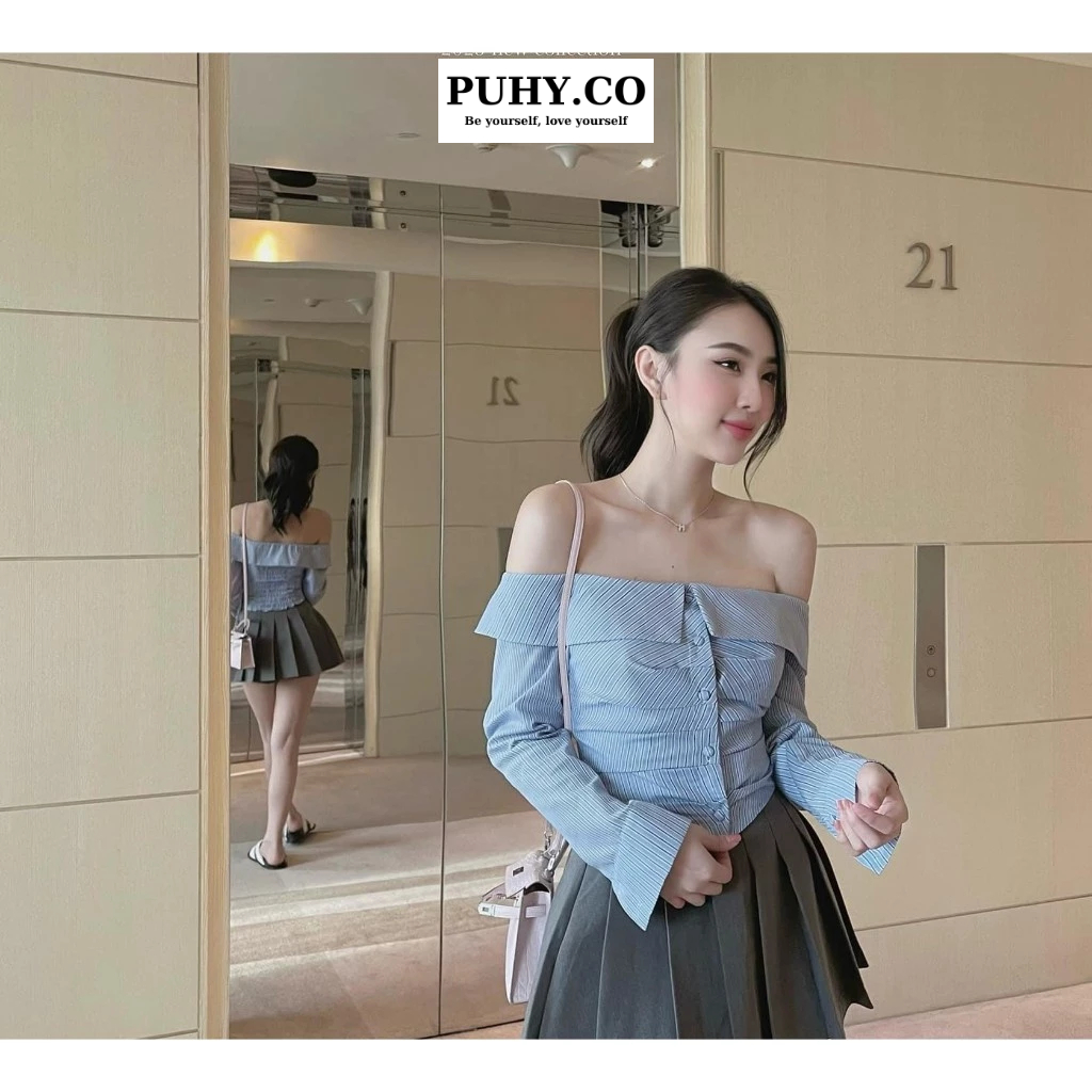 Set áo trễ vai xanh mix chân váy xếp ly - ảnh thật