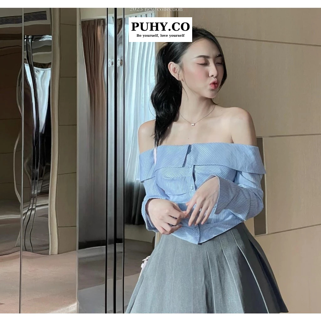 Set áo trễ vai xanh mix chân váy xếp ly - ảnh thật