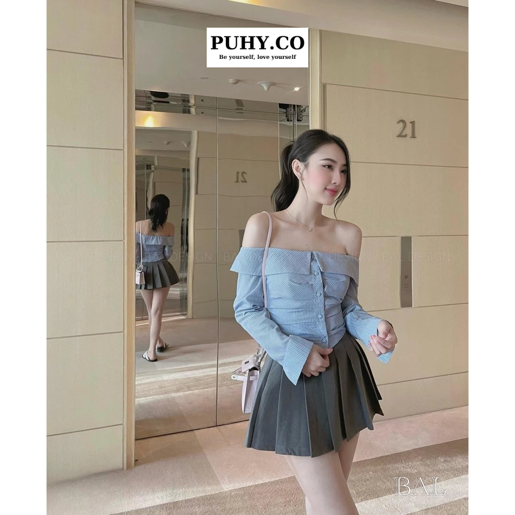 Set áo trễ vai xanh mix chân váy xếp ly - ảnh thật