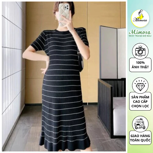 Váy Bầu Suông Công Sở Chất Len Mongtoghi Siêu Đẹp - Đầm Bầu Kẻ Sọc Đuôi Cá Hàng QCCC Freesize [V03]