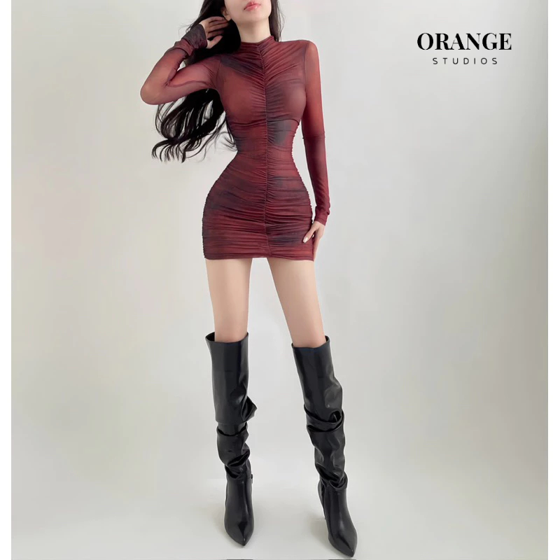 HÌNH THẬT - Ticha Mesh Dress - Đầm Thiết Kế Nhún Eo Tay Dài Chất Liệu Vải Thun Lưới Tôn Dáng