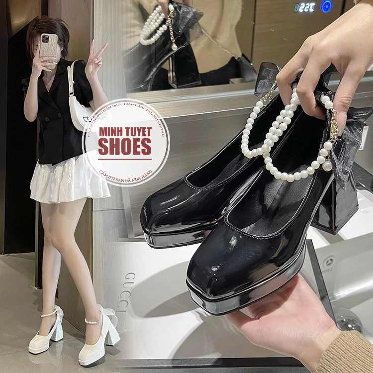 Giày cao gót Mary Jane mũi vuông đế vuông gót 9p da bóng quai  hạt châu xinh xắn  giày cưới Minhtuyetshoes
