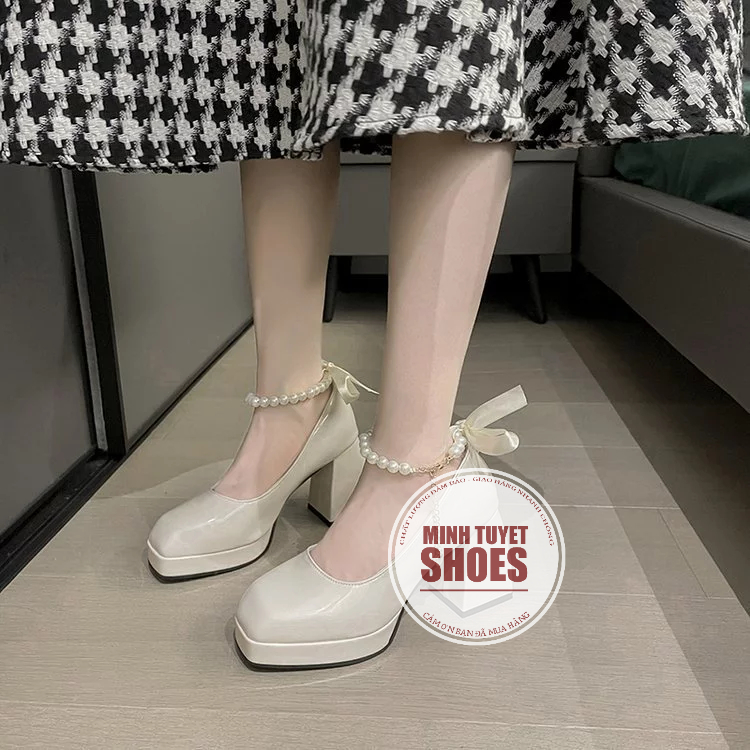 Giày cao gót Mary Jane mũi vuông đế vuông gót 9p da bóng quai  hạt châu xinh xắn  giày cưới Minhtuyetshoes