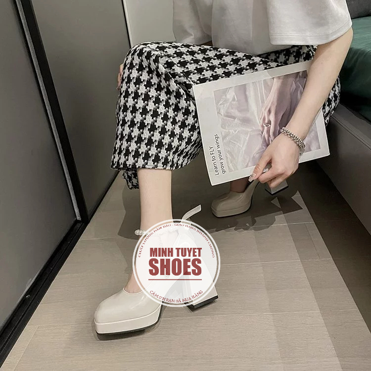 Giày cao gót Mary Jane mũi vuông đế vuông gót 9p da bóng quai  hạt châu xinh xắn  giày cưới Minhtuyetshoes