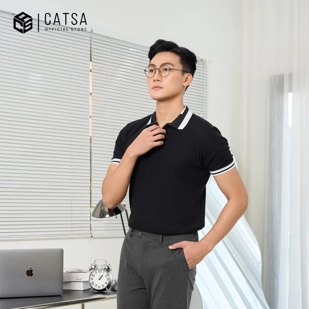 Áo thun polo nam CATSA màu đen chất liệu cvc cao cấp dày dặn thoáng khí ATP322