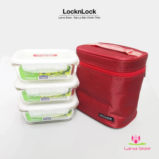 Bộ hộp cơm thủy tinh chịu nhiệt Lock&lock LLG422S4DR (380ml x 3) Túi đỏ - Larva Store