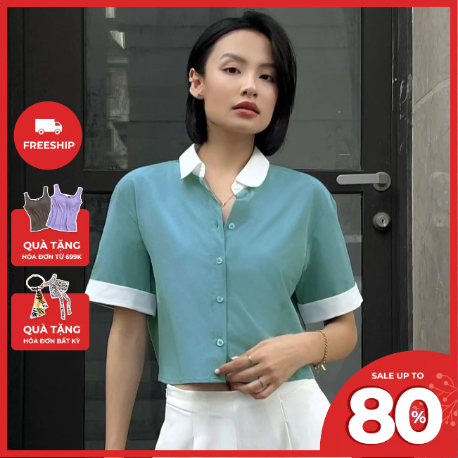Áo sơ mi nữ croptop cổ đức phối màu VIEN TRAN V61H23H024
