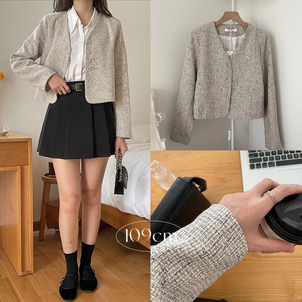 Áo khoác dạ tweed cổ V thu đông 23101 @𝟏𝟎𝟗𝐜𝐦