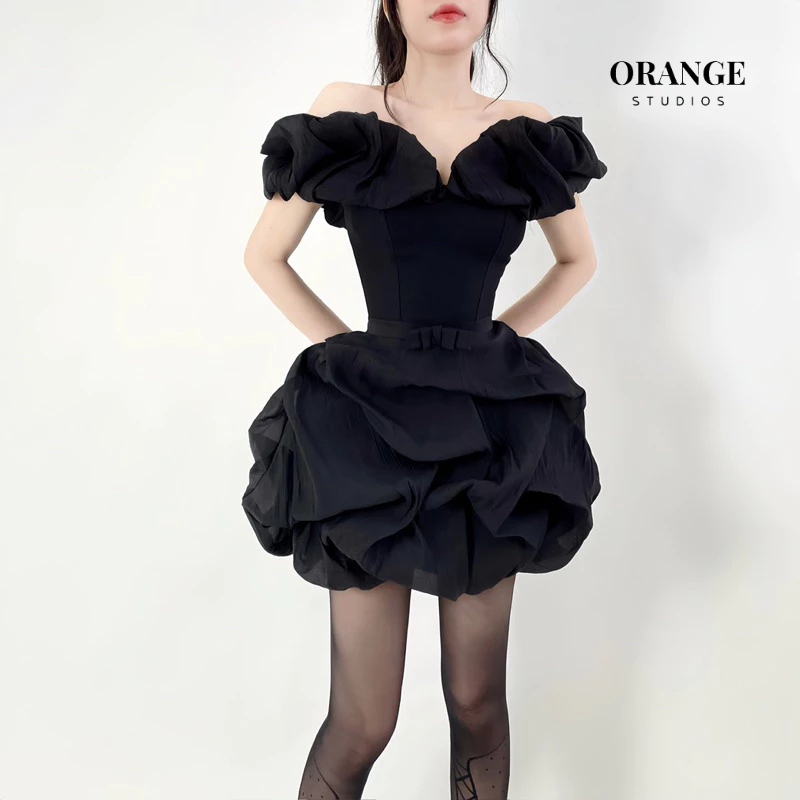 HÌNH THẬT - Đầm Thiết Kế Trễ Vai Tùng Bí Chất Liệu Vải Cotton