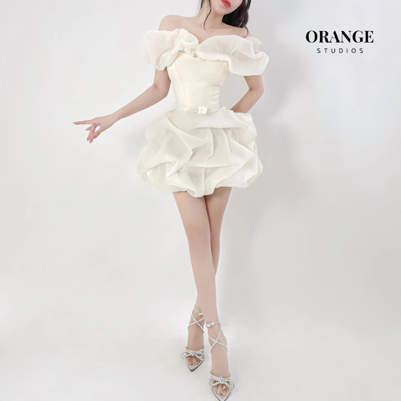 HÌNH THẬT - Đầm Thiết Kế Trễ Vai Tùng Bí Chất Liệu Vải Cotton