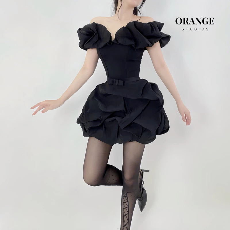 HÌNH THẬT - Đầm Thiết Kế Trễ Vai Tùng Bí Chất Liệu Vải Cotton