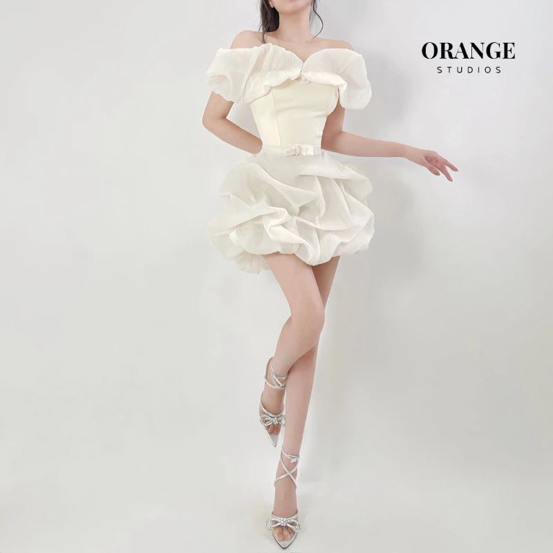 HÌNH THẬT - Đầm Thiết Kế Trễ Vai Tùng Bí Chất Liệu Vải Cotton