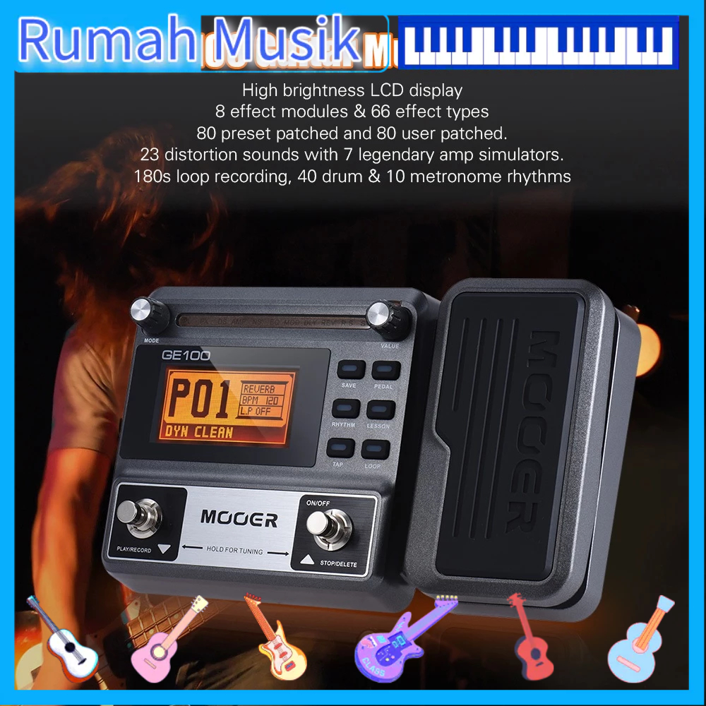 MOOER GE100 Guitar Bộ xử lý đa hiệu ứng Bàn đạp hiệu ứng với tính năng ghi vòng lặp (180 giây) Điều chỉnh Tap Tempo Nhịp