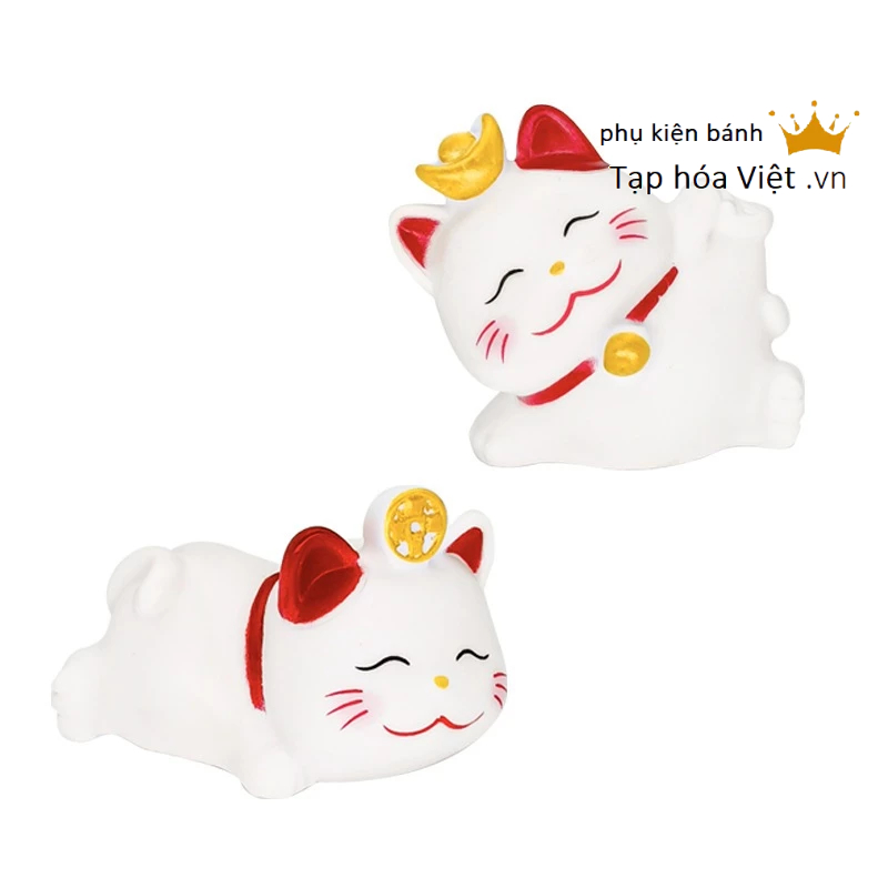 Bộ 4 Mèo Trắng Thần Tài trang trí bánh sinh nhật, mèo nhựa trang trí bánh, mèo ngộ nghĩnh