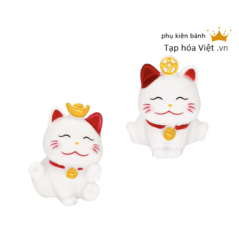 Bộ 4 Mèo Trắng Thần Tài trang trí bánh sinh nhật, mèo nhựa trang trí bánh, mèo ngộ nghĩnh