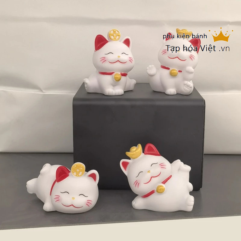 Bộ 4 Mèo Trắng Thần Tài trang trí bánh sinh nhật, mèo nhựa trang trí bánh, mèo ngộ nghĩnh