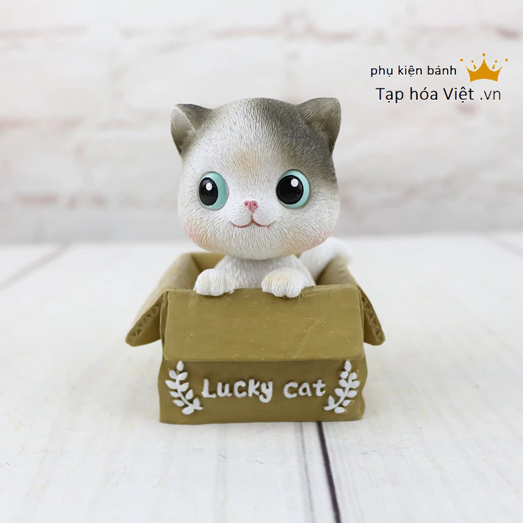 Mèo Ngồi Giỏ trang trí bánh sinh nhật, mèo nhựa trang trí bánh, mèo ngộ nghĩnh