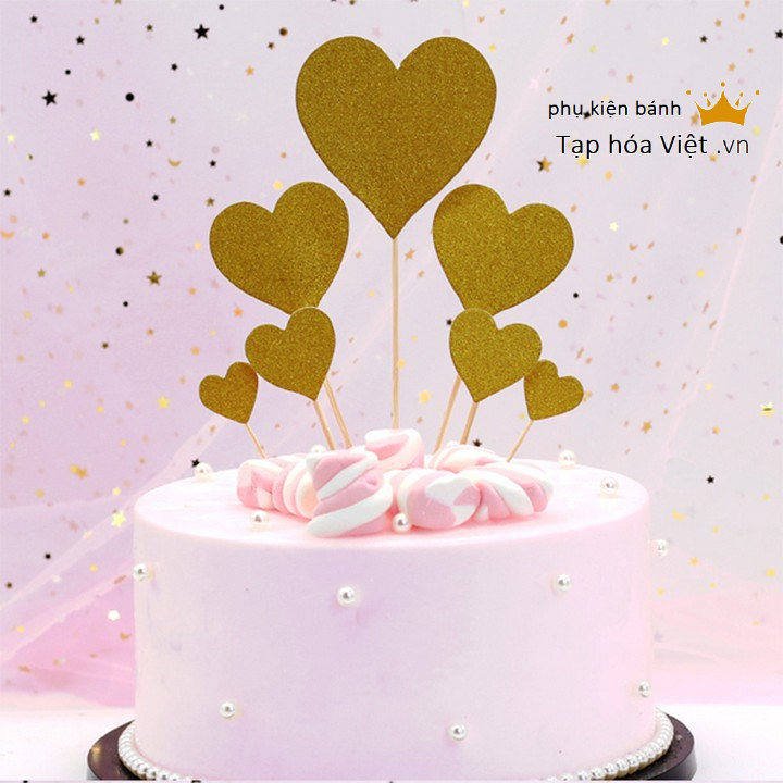 COMBO 10 Set 7 tim nhũ giấy cắm bánh sinh nhật cao 21Cm, trang trí bánh sinh nhật, hình cắm nhũ
