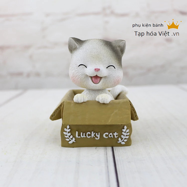 Mèo Ngồi Giỏ trang trí bánh sinh nhật, mèo nhựa trang trí bánh, mèo ngộ nghĩnh