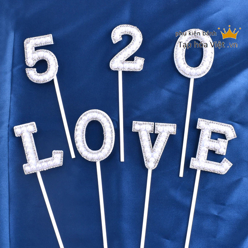 Chữ LOVE Ngọc trang trí bánh sinh nhật, set cắm tình yêu