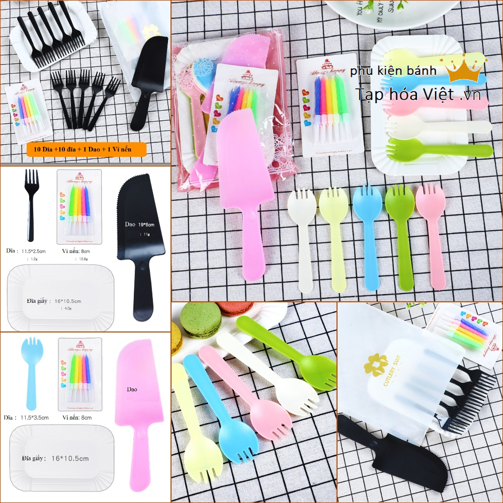 COMBO 10 BỘ DAO DĨA nến đĩa giấy sinh nhật, set dao dĩa nến sinh nhật