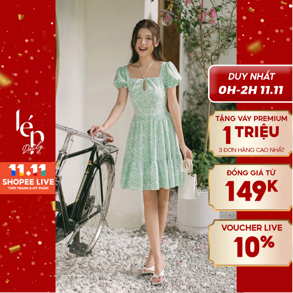 Váy hoa nhí xanh cổ vuông buộc dây dáng xoè mini DS05V102491L1