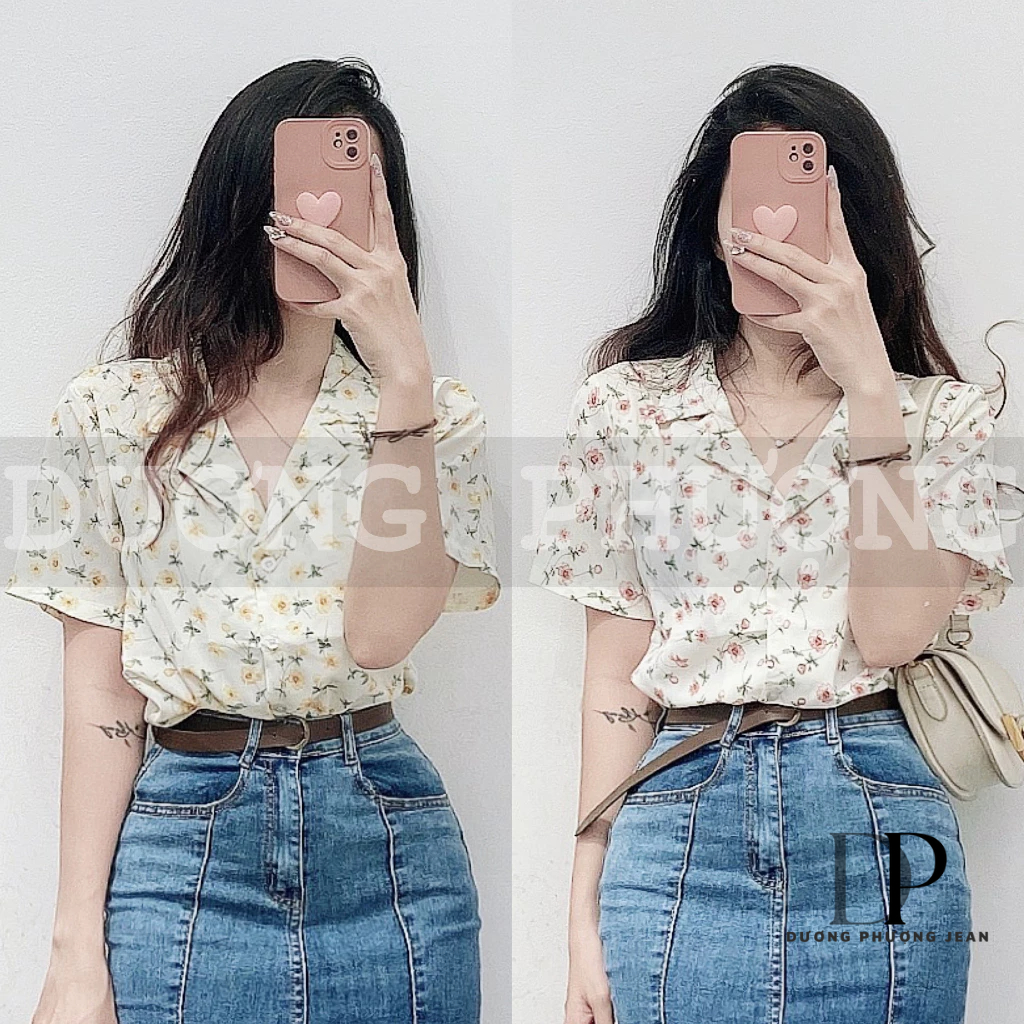 Áo sơ mi nữ tay ngắn dáng rộng, áo sơ mi họa tiết hoa nhí thời trang cho nữ - AO027