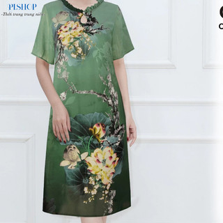 Đầm trung niên dự tiệc vải voan kèm họa tiết dáng suông hai lớp,đầm sang trọng cho mẹ và bà đi tiệc